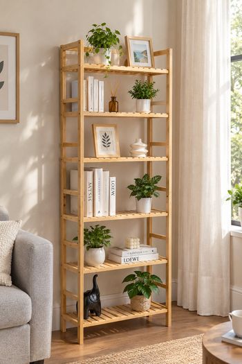 6 Tier Bamboo Bookshelf Display Storage Rack Organizer, Freestanding
