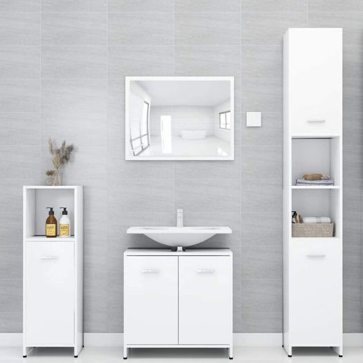 _Bathroom Furniture Set of 4 Mirror Cabinet Bathroom Cabinet Midi Cabinet Tall Bathroom Furniture Sink Cabinet White Chipboard
