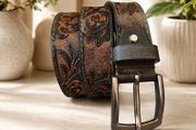 Premium Genuine Leather Belt Dual Tone Vintage Embossed Design with Antique Metal Buckle