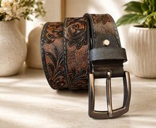 Premium Genuine Leather Belt Dual Tone Vintage Embossed Design with Antique Metal Buckle