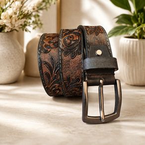 Premium Genuine Leather Belt Dual Tone Vintage Embossed Design with Antique Metal Buckle