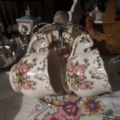 Two China Cups & Saucers with Spoons on a Stand