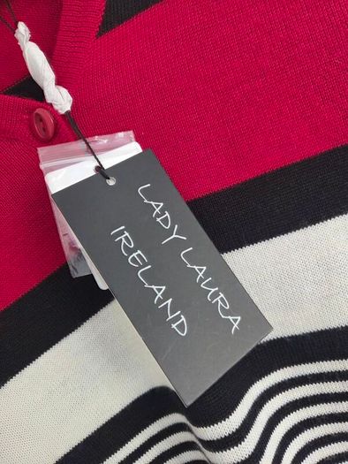 UK16, With Tags Lady Laura Ireland Wool Striped Polo Knit Collared Jumper