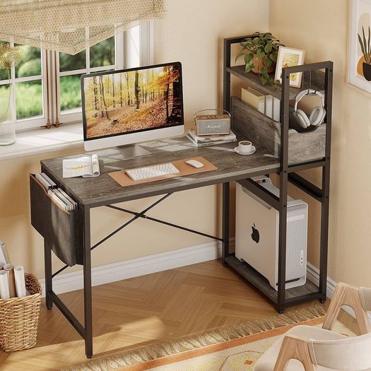 MULTIPLE COLOURS AVAILABLE Computer Desk with Storage Shelves 120CM Corner Desk with Drawer Reversible Computer Desk Writing Table with Side Pocket Storage Bag and Headphone Hook for Home Office Small Space