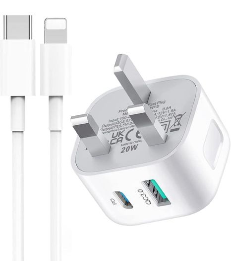 USB C Plug,20W Type C Fast Charger Plug and Cable for iPhone Charging Plug and Lead,Fast Charge for iPhone 14/14 Pro/13/13 Pro/12/12 Pro/11/SE/10/8/iPhone USB-C Adapter Plug UK and Lightning Wire