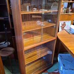 mid-century book case display glass doors teak