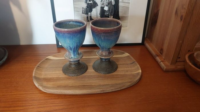 Wonderful Pair of Studio Art Pottery Goblets by Martin Branch Lyre Pottery, Cloncorban, Rossmore, Clonakilty, West Cork in a Fabulous Colourful Variegated Glaze. Pair Two