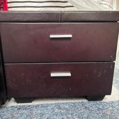 Bedside lockers (dark wood with faux leather top)