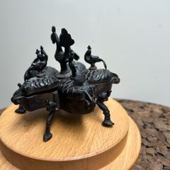 Antique Indian Brass bindi box with peacock finial