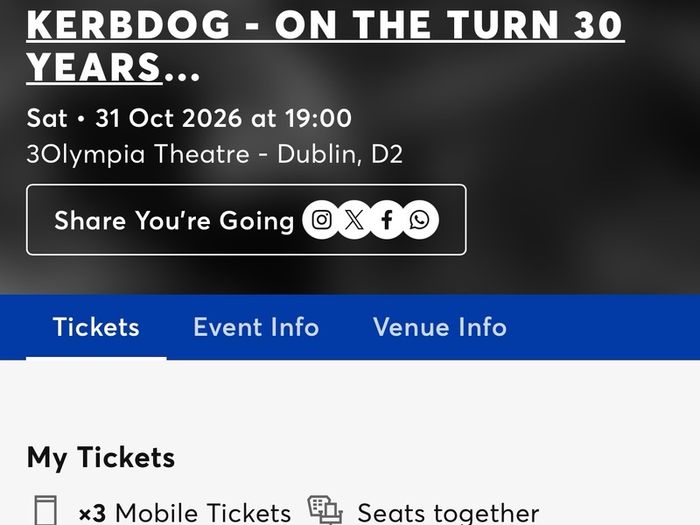 3 x Kerbdog Tickets Seated for Sat 31 Oct 2026 in 3Olympia