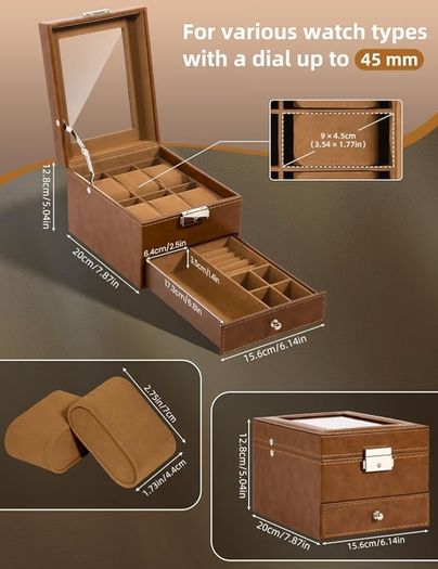 2-Tier Watch Case with Key Lock, Glass Lid, Watch Display Box for Men and Women, Brown Synthetic Leather, Brown Velvet Lining, Removable Pillows, Jewelry Storage Box, Gift Idea
