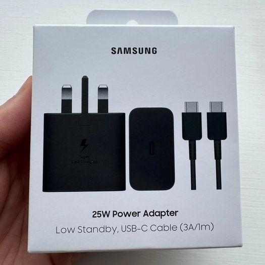 Original Fast Charger Samsung 25W USB C UK Mains Charger with USB C to C Cable Black/ New