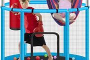55 Trampoline for Kids with Enclosure Trampoline with Adjustable Gymnastics Bar &amp; Toys