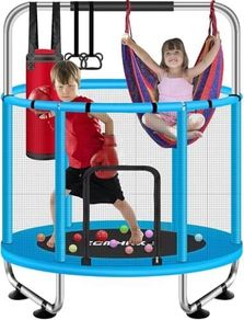 55 Trampoline for Kids with Enclosure Trampoline with Adjustable Gymnastics Bar & Toys