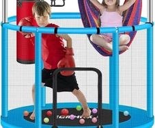 55 Trampoline for Kids with Enclosure Trampoline with Adjustable Gymnastics Bar & Toys