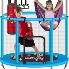 55 Trampoline for Kids with Enclosure Trampoline with Adjustable Gymnastics Bar & Toys