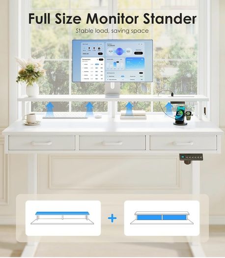 Electric Standing Desk, 120 x 54cm Height Adjustable Desk with 3 Drawers, RGB LED Strip & Charging Station