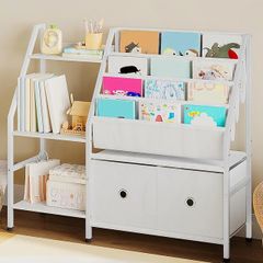 Kids Bookshelf and Toy Storage, Children's Bookcase with 3-Tier Storage Shelf and 2 Drawers, Toddler Bookshelf for Kids Room, Nursery, Classroom, White
