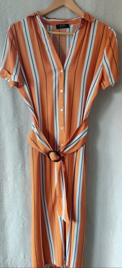 Bershka Orange Striped Midi Shirt Dress with Belt