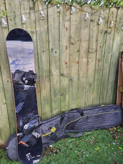 snowboard, bindings and bag