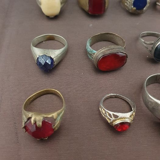 Antique Lot of 15 Handmade Brass Rings Mixed Gemstone & Glass Designs