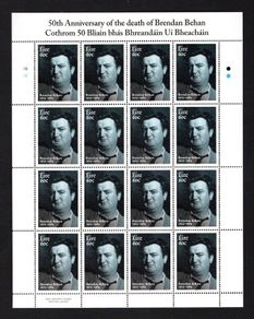 2014 Ireland 50th Death Anniversary of Brendan Behan Commemorative Stamp Sheetlet Plate 1B1B Mint Never Hinged (MNH)