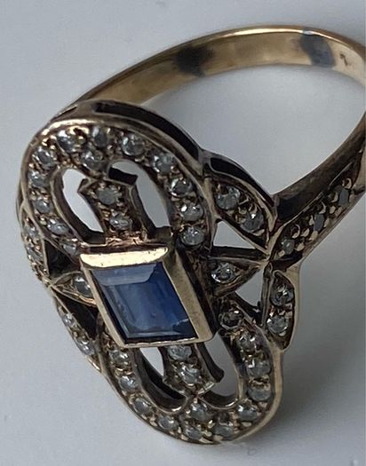 Gold Ring sapphire diamond Art Deco Antique