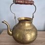 Vintage Etched Brass Teapot with Wooden Handle, Decorative Gold Teapot Image 2
