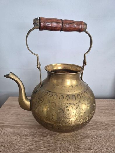 Vintage Etched Brass Teapot with Wooden Handle, Decorative Gold Teapot