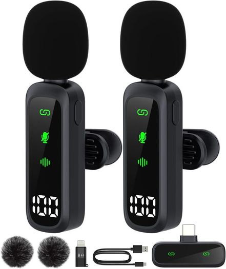 Wireless Lavalier Microphone, 2.4Ghz Clip-On Mic with Noise Reduction for iPhone Android Camera, 1 Transmitter & 2 Receivers, 50m Range, 5Hrs Battery for Recording, Vlogging, Live Stream