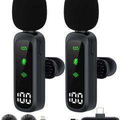 Wireless Lavalier Microphone, 2.4Ghz Clip-On Mic with Noise Reduction for iPhone Android Camera, 1 Transmitter & 2 Receivers, 50m Range, 5Hrs Battery for Recording, Vlogging, Live Stream