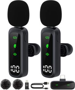 Wireless Lavalier Microphone, 2.4Ghz Clip-On Mic with Noise Reduction for iPhone Android Camera, 1 Transmitter & 2 Receivers, 50m Range, 5Hrs Battery for Recording, Vlogging, Live Stream