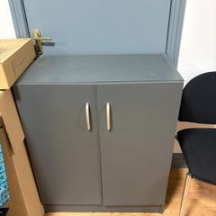 Desk with three drawer pedestal and cabinet