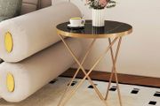 Marble Round Side Table for Living Room, Black Gold Coffee Table Glass Coffee Table, Marble Effect Tabletop, Gold Metal Frame