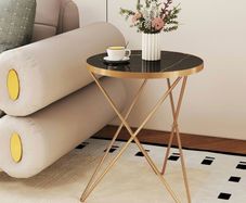Marble Round Side Table for Living Room, Black Gold Coffee Table Glass Coffee Table, Marble Effect Tabletop, Gold Metal Frame