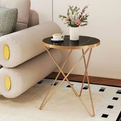 Marble Round Side Table for Living Room, Black Gold Coffee Table Glass Coffee Table, Marble Effect Tabletop, Gold Metal Frame