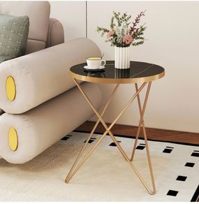Marble Round Side Table for Living Room, Black Gold Coffee Table Glass Coffee Table, Marble Effect Tabletop, Gold Metal Frame