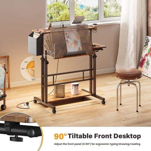Standing Desk with Power Outlets & Strip Lights, Height Adjustable Rolling Desk with Tilting Table Top, Sit-Stand Workstation with Wheels, Cup Holder, Hook, Storage Bag, 80 x 60 cm