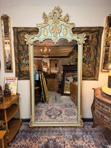Grand French Style Parcel Gilt & Painted Mirror with Cherub & Plaques
