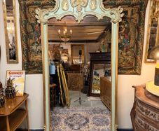Grand French Style Parcel Gilt & Painted Mirror with Cherub & Plaques