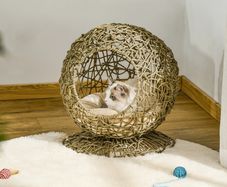 Wicker Cat Basket Rattan Cat Basket Bed Wicker Kitten Basket Pet Den. House Cozy Cave with Soft Cushion Dome 42x33x52cm