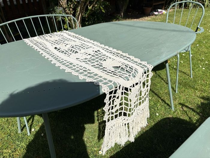 Vintage French Crochet Table Runner with fringe each end