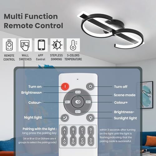 Modern Ceiling Lights LED, 45cm Black Dimmable Ceiling Lights Fixtures LED with Remote Control for Living Room Dining Room Bedroom Kitchen Hallway Offcie Indoor Light - 35W