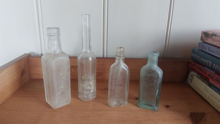Fabulous Collection of Four Assorted Antique and Vintage Apothecary and Household Bottles in Clear Glass, Price for All Four, Not Splitting