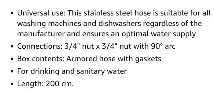 Flexible Hose 2 meters long  equals 200 cm for Washing Machine and Dishwasher in Stainless Steel,