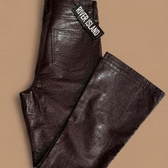 River Island Dark Chocolate Brown Croc Faux Leather Flared Trousers UK 12 Y2K 90s Bootcut Pants. Brand new with tags.