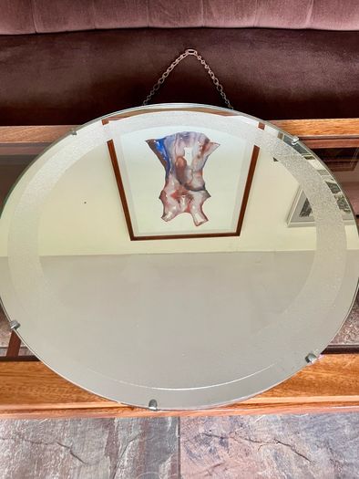 Vintage Frosted Rim Round Glass Wooden Backed Wall Mirror 1960s