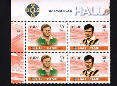 2001 Ireland GAA Hall of Fame (Padraic Carney, Frank Cummins) Commemorative Stamp Plate Block 1A1A1A1A Mint Never Hinged (MNH)