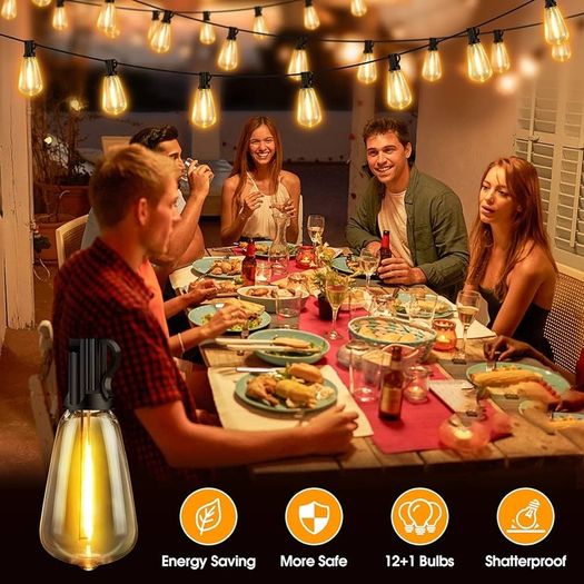 Festoon Lights Mains Powered - 30Ft/9.25M LED Garden String Lights Waterproof Outside Light Bulb 12+1 ST38 Plastic Bulbs Gazebo Pergola Patio Bistro Hanging Lights