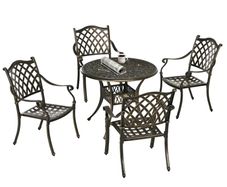 5-Piece Outdoor Furniture Dining Set, Cast Aluminum Conversation Set with 4 Chairs and Round Table with Umbrella Hole for Patio Garden Deck, Bronze Tone